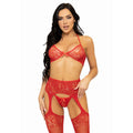 LEG AVENUE - COMPLETO TRE PEZZI REGGISENO, PERIZOMA E CALZE TAGLIA UNICA - ROSSO