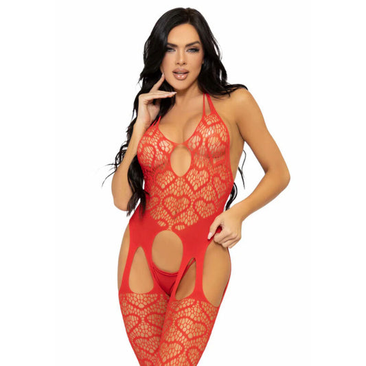 LEG AVENUE - BODY ELASTICIZZATO A RETE CON REGGICALZE TAGLIA UNICA - ROSSO