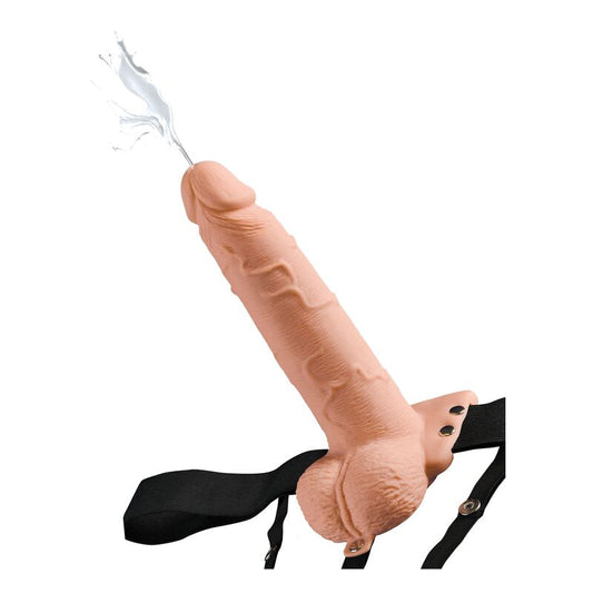 SERIE FANTASÍA FETICHE - ARNÉS AJUSTABLE PENE REALISTA CON TESTÍCULOS EYACULADOR 19 CM