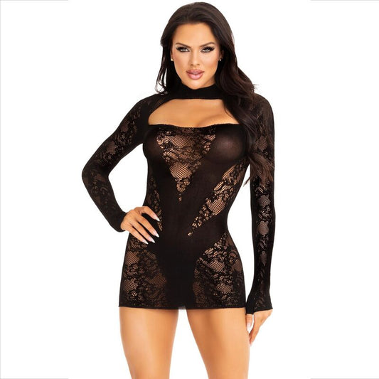 LEG AVENUE - MINIVESTIDO DE ENCAJE DE MANGA LARGA NEGRO