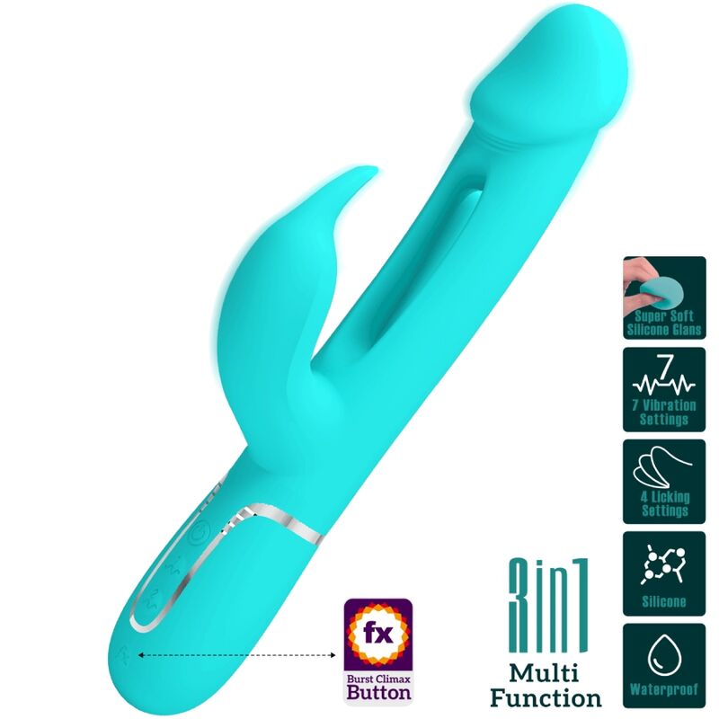PRETTY LOVE - KAMPAS RABBIT 3 IN 1 MULTIFUNCTION VIBRATOR WITH TONGUE AQUA GREEN PRETTY LOVE FLIRTATION