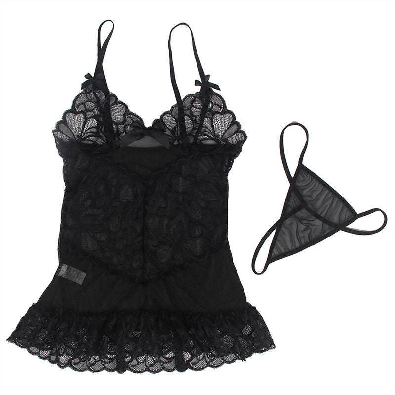 SUBBLIME - BABYDOLL WITH ADJUSTABLE STRAPS AND TRANSPARENT LACE FLORAL PRINT BLACK L/XL SUBBLIME BABYDOLLS