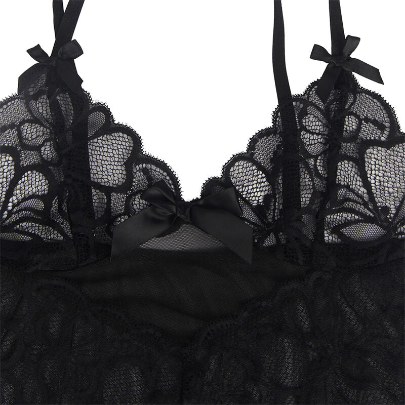 SUBBLIME - BABYDOLL WITH ADJUSTABLE STRAPS AND TRANSPARENT LACE FLORAL PRINT BLACK L/XL SUBBLIME BABYDOLLS