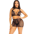 LEG AVENUE - TOP Y FALDA NEGRO DE ENCAJE ABIERTO