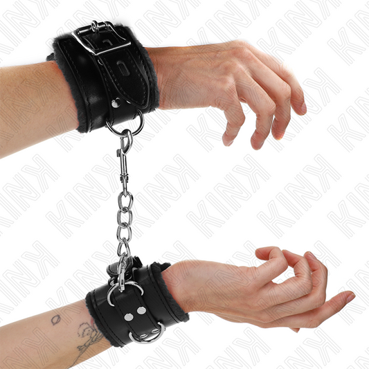 KINK - FASCE DA POLSO FODERATE IN PELLICCIA NERE CON CINTURA NERA REGOLABILI 17-29 CM X 6 CM
