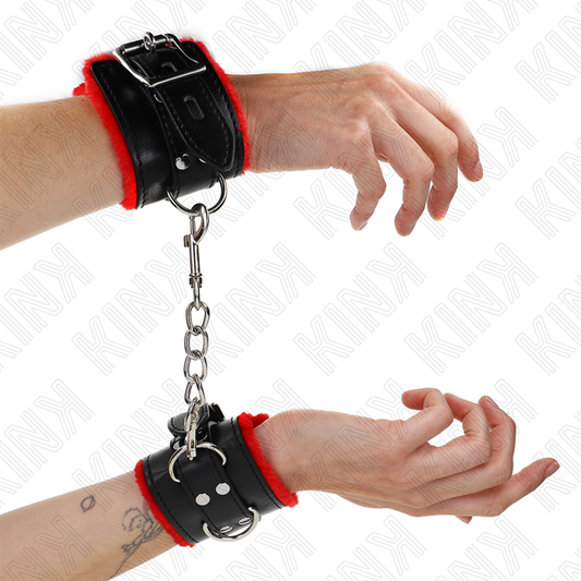 KINK - FERMA POLSI FODERATI IN PELLICCIA CON FORI QUADRATI CINTURINO REGOLABILE NERO E ROSSO 17-29 CM X 6 CM