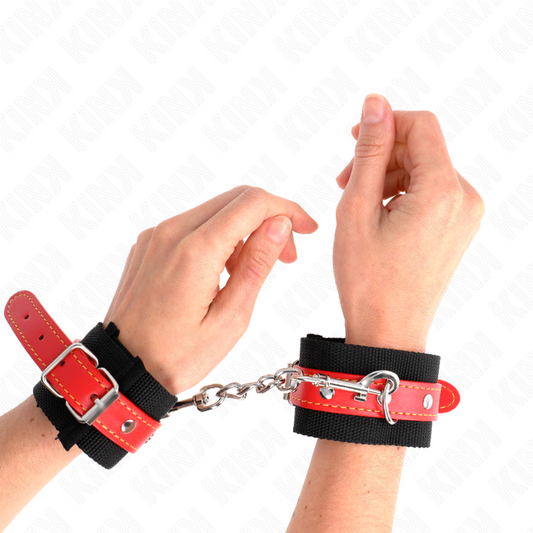 KINK - POLSINI DI NYLON NERI CON SIMILPELLE ROSSA REGOLABILI 19-24 CM X 5.5 CM