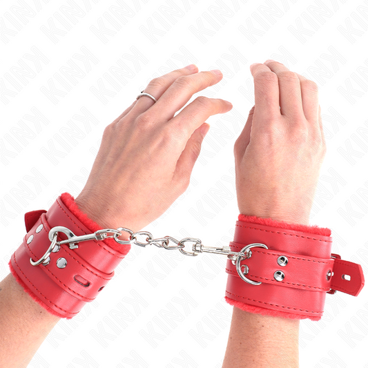 KINK - FERMI POLSI FODERATI IN PELLICCIA CON FORI QUADRATI ROSSI E CINTURA ROSSA REGOLABILI 17-29 CM X 6 CM