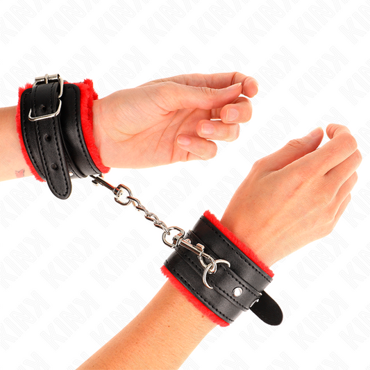 KINK - POLSINI IMBOTTITI IN PELLICCIA ROSSI CON CINTURA NERA REGOLABILI 17-29 CM X 6 CM