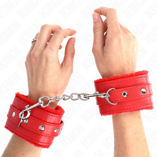 KINK - FERMI POLSI FODERATI IN PELLICCIA ROSSI CON CINTURA ROSSA REGOLABILI 17-29 CM X 6 CM