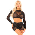LEG AVENUE - TOP CORTO DE REJILLA BRILLANTE + MINIFALDA NEGRO