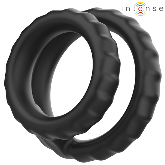 INTENSE - ANELLO PENI CON DOPPIO SILICONE EFFETTO RUGIADA NERO MODELLO 2