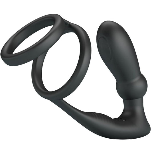 PRETTY LOVE - ANILLO DE PENE + TAPÓN ANAL EMONI 12 VIBRACIONES NEGRO