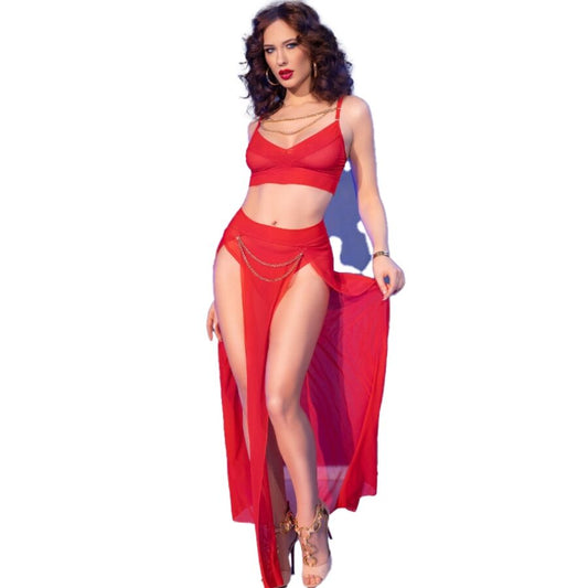 CHILIROSE - CR 4850 COMPLETO TOP E LEGGINGS ROSSO CON ACCESSORI DORATI M