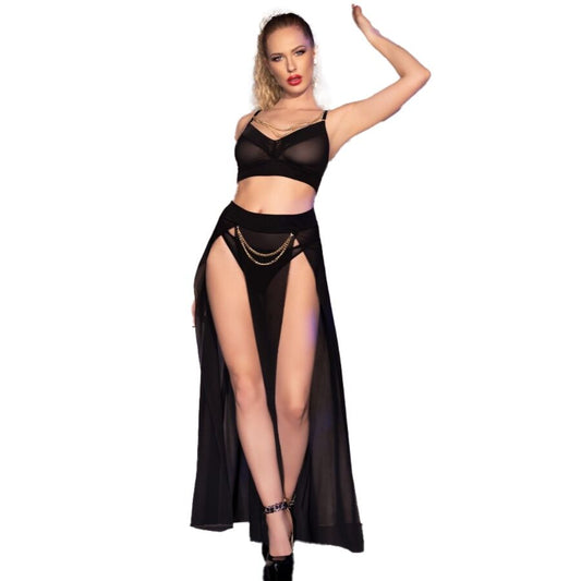 CHILIROSE - CR 4672 TOP, GONNA E PERIZOMA NERI CON CATENINE DORATE TG. XL