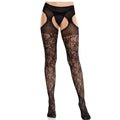 LEG AVENUE - MEDIAS DE ENCAJE FLORAL CON LIGUEROS UNIDOS NEGRAS
