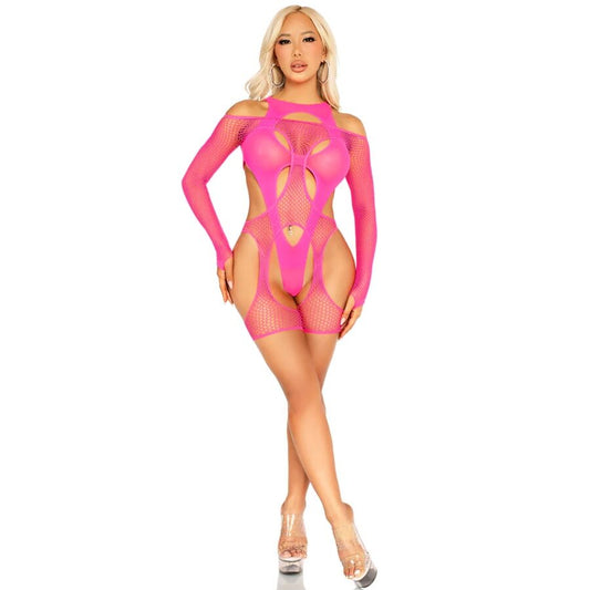 LEG AVENUE - MEDIAS DE RED CON LIGUERO Y ARNÉS ROSA NEÓN