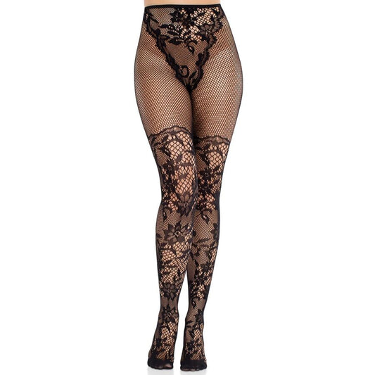 LEG AVENUE - CALZE DAHLIA IN PIZZO CON DETTAGLIO IN RETE NERO