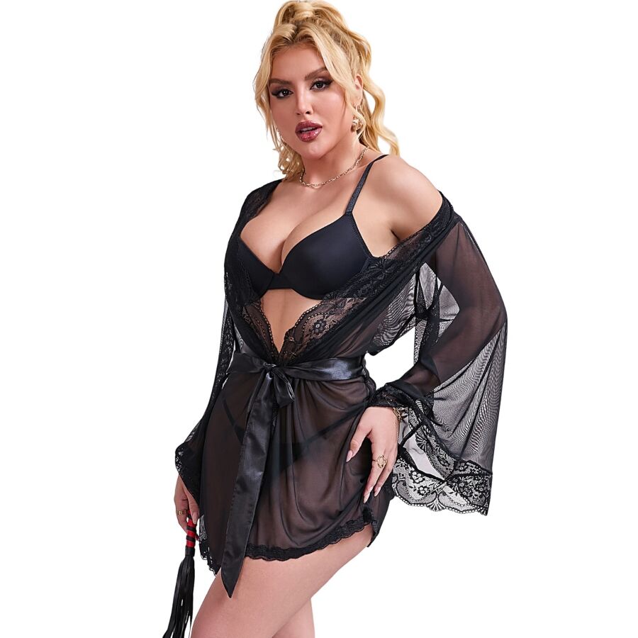 SUBBLIME - TRANSPARENT FABRIC ROBE WITH LACE DETAIL BLACK L/XL SUBBLIME BABYDOLLS