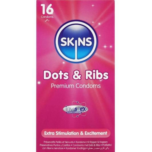 SKINS - PRESERVATIVOS PREMIUM PUNTOS Y ESTRÍAS PAQUETE DE 16