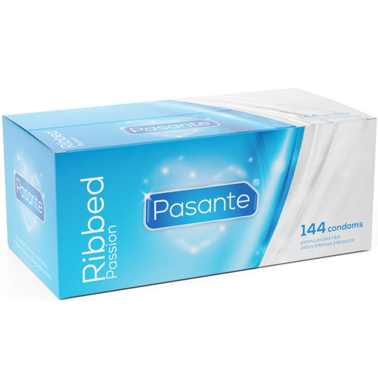 PASANTE - CAJA DE CONDONES RIBBED PASSION 144 UNIDADES