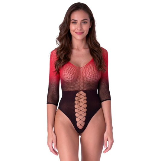 Passion BS118 Black Red Mesh Bodystocking with 3/4 Sleeves