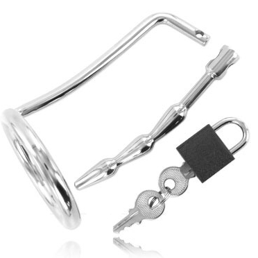 METAL HARD - TESTICLE RING WITH URETHRAL CHASTITY PLUG METAL HARD
