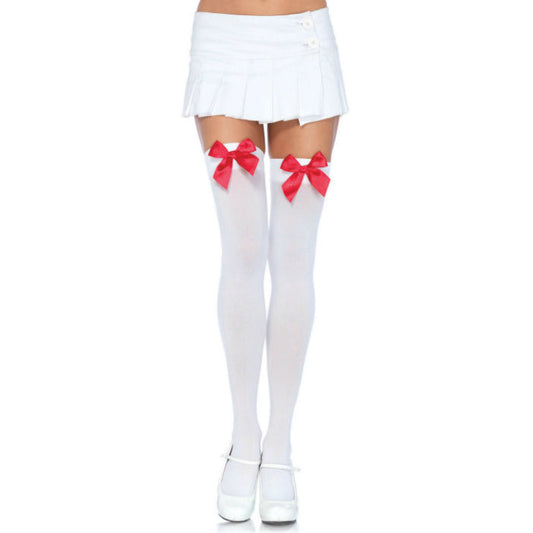 LEG AVENUE - MEDIAS HASTA EL MUSLO DE NYLON CON LAZO BLANCO/ROJO