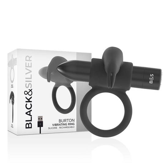 NEGRO Y PLATA - ANILLO BURTON CON 10 MODOS DE VIBRACIÓN NEGRO